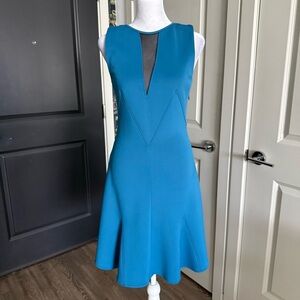 Versace Collection Blue Fit & Flare Cocktail Dress with Black Mesh Panels Size S